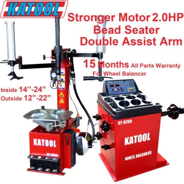 A product graphic of the Katool T810 Tire Changer and B700 Wheel Balancer combo, highlighting key features with text overlays. The image shows the two machines together, with text pointing out the "Stronger Motor 2.0HP," "Bead Seater," and "Double Assist Arm." The product's clamping ranges, "Inside 14"-24"" and "Outside 12"-22"," and the "12 Months All Parts Warranty" are also specified.