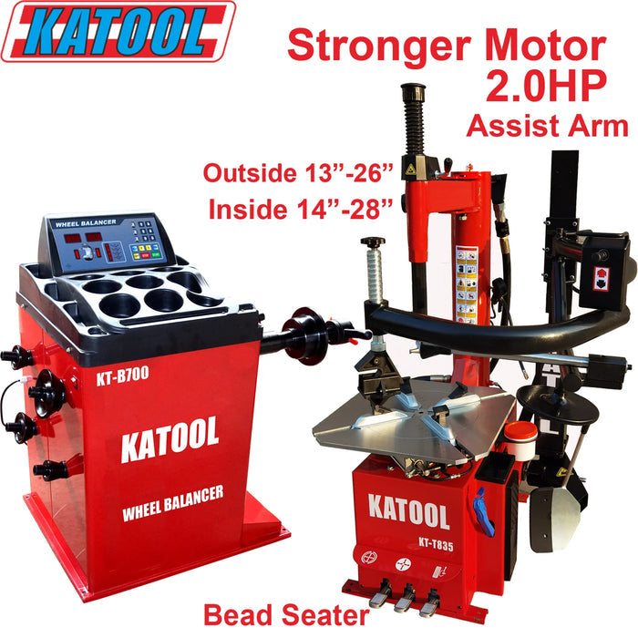 A full view of the Katool T835_B700 combo set, highlighting the Tire Changer with a Stronger Motor 2.0HP and Assist Arm, as well as the Bead Seater and the Wheel Balancer with an "Outside 13"-26"" and "Inside 14"-28"" clamping range.