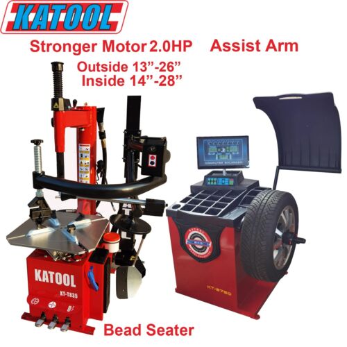Katool KT-T835 & KT-B750 tire changer and wheel balancer combo with "Stronger Motor 2.0HP," "Outside 13"-26" Inside 14"-28"," "Assist Arm," and "Bead Seater" text overlays, positioned next to each other.