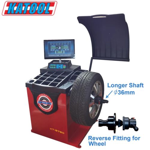 A large red Katool KT-T835 & KT-B750 combo with "MOTOR 2.0HP," "Outside 13"-26" Inside 14"-28," and "BEAD BLASTER" on the tire changer and "AUTOMATIC MEASUREMENT RULER FOR A AND D INPUT," and "LASER INDICATOR" on the wheel balancer.