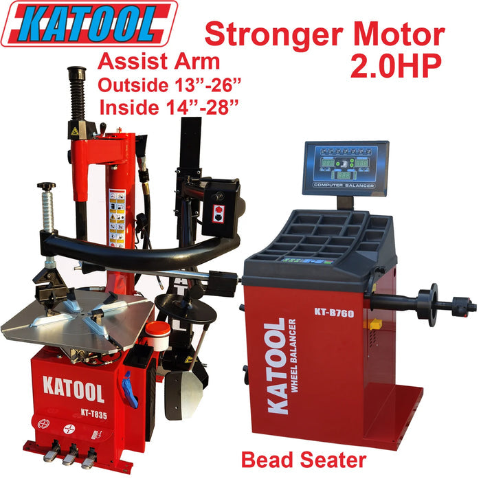The red Katool T835 Tire Changer is paired with the red B760 Wheel Balancer, with overlay text highlighting features like the "Stronger Motor 2.0HP," "Assist Arm," and "Bead Seater." The "Outside 13"-26" Inside 14"-28" clamping range is also specified.