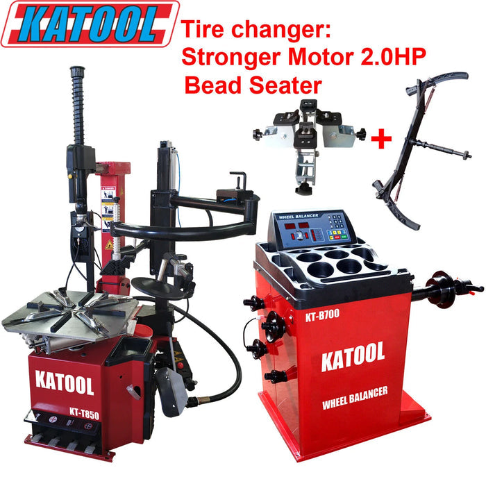 A red Katool KT-T850 Tire Changer and KT-B700 Wheel Balancer combo set. Overlay text highlights "Tire changer: Stronger Motor 2.0HP Bead Seater," with a graphic of an assist arm accessory.