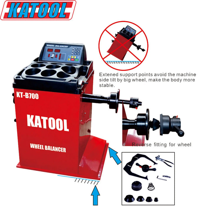 A red Katool KT-B700 Wheel Balancer with an overlay showing "Extended support points" and the reverse fitting for the wheel. This highlights the machine's stability and versatile wheel mounting options.