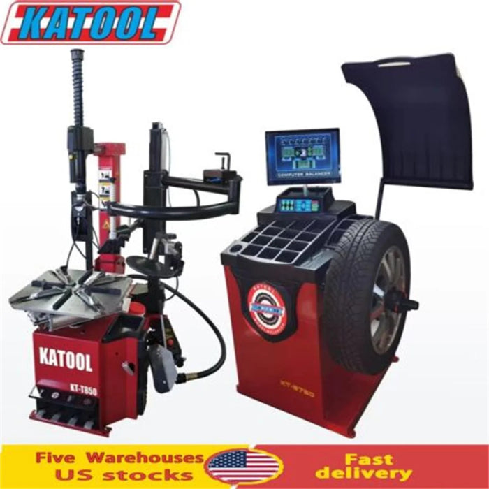 A dynamic duo featuring the red Katool T850 wheel clamp tire changer and its counterpart, the B750 computer wheel balancer. The tire changer stands with its assist arm retracted, while the balancer is shown with a tire mounted on its spindle, both ready for professional use.