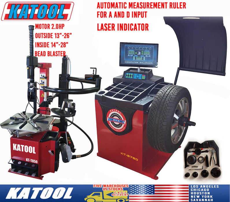 A red Katool KT-T850 tire changer is shown alongside a red Katool KT-B750 wheel balancer with a tire mounted on it. The image includes overlay text that highlights the tire changer's "Stronger Motor 2.0HP," "Outside 13"-26" Inside 14"-28"" clamping, and "Bead Blaster" feature, as well as the wheel balancer's "Automatic Measurement Ruler" and "Laser Indicator" functionality. It also mentions Katool warehouses in "Los Angeles," "Chicago," "Houston," "Savannah," and "New York."
