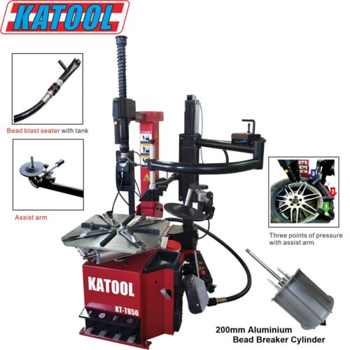 A red Katool KT-T850 tire changer is shown with a close-up of its key features. The image points out the "Bead Blast seater with tank," "Assist arm," and "200mm Aluminium Bead Breaker Cylinder" with a separate image showing the bead blast in action on a tire.