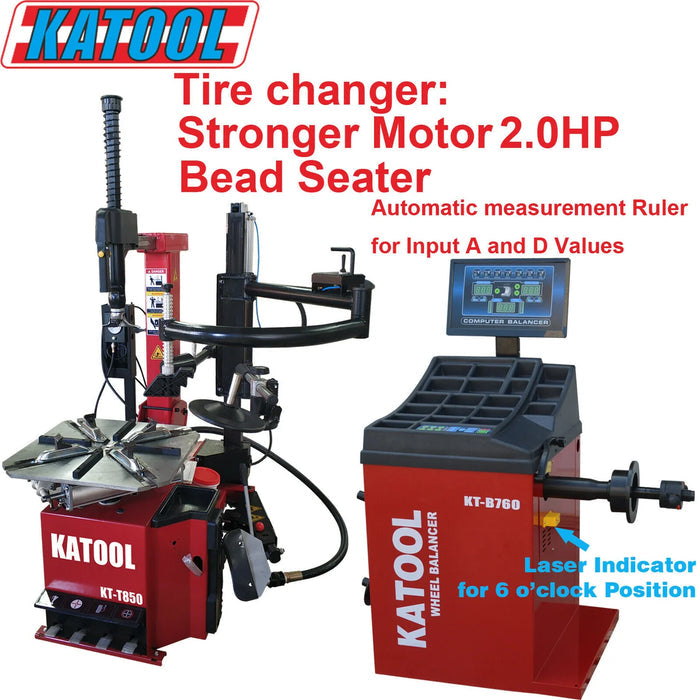A product shot of the Katool KT-T850 Tire Changer and KT-B760 Wheel Balancer combo, highlighting the automatic measurement features. The image shows both red machines on a white background, with a "Tire changer: Stronger Motor 2.0HP Bead Seater" overlay text and a "Laser Indicator for 6 o'clock Position" graphic.