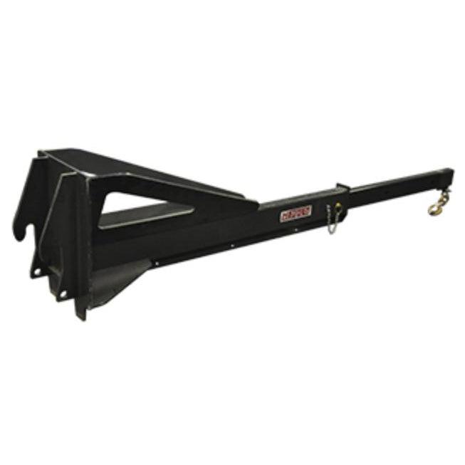 A black Quick Attach Adjustable Jib for Telehandlers with a 5-ton Crosby Swivel Hook, shown at an angle to highlight the adjustable length feature.