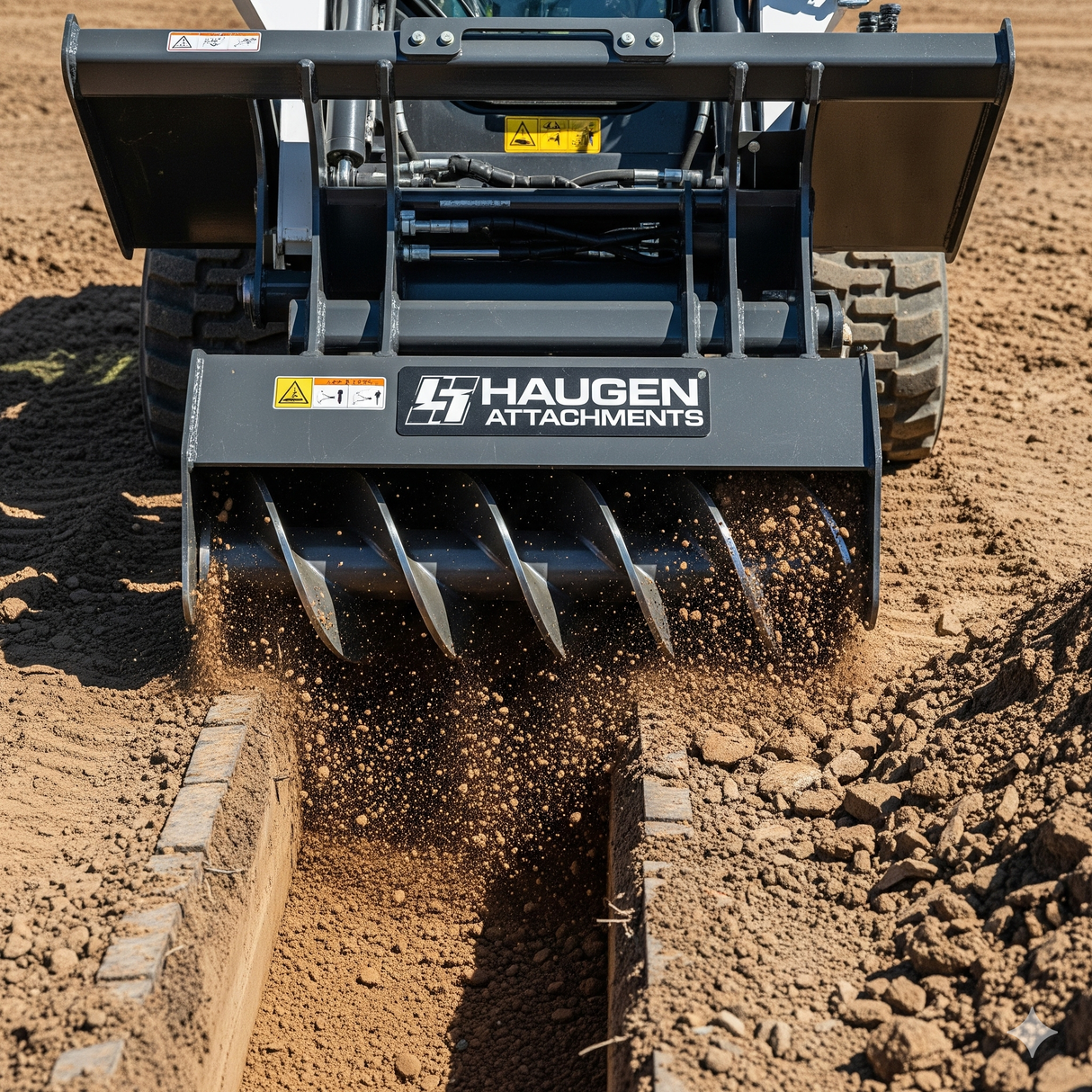 A black Haugen Attachments trench cleaner attached to a skid steer, actively cleaning a trench and kicking up dirt.