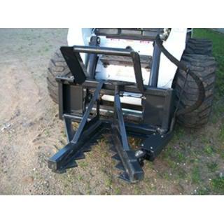 A black Skid-Steer Tree Puller with a back rest and a wide 12-inch jaw opening, featuring a 2 x 10 industrial cylinder.