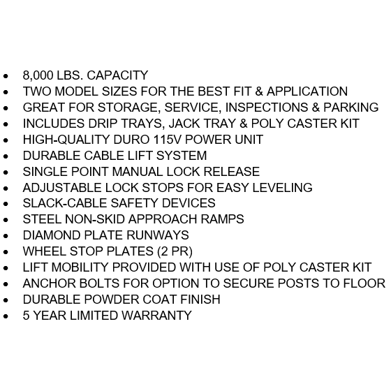 Tuxedo FP8K-DX 8,000 lb Deluxe Storage Lift - Poly casters, drip trays, jack tray FP8K-DX