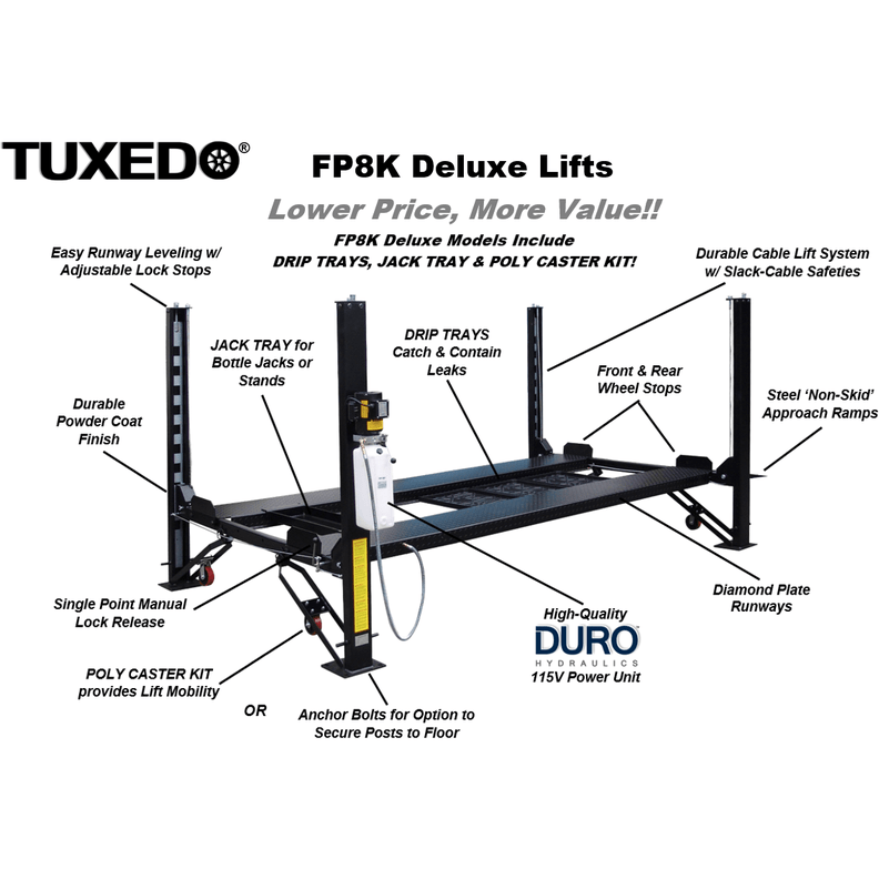Tuxedo FP8K-DX 8,000 lb Deluxe Storage Lift - Poly casters, drip trays, jack tray FP8K-DX