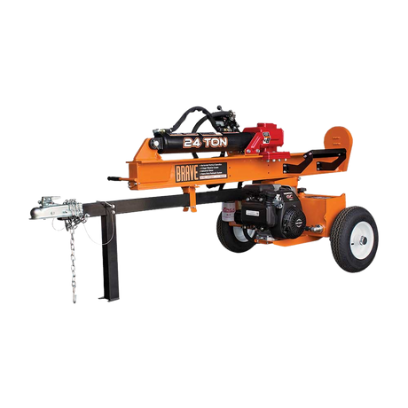 A Brave 24-Ton Log Splitter on a checkered background, highlighting its horizontal splitting position, with the tow bar, wheels, and a 24 TON decal visible on the body.