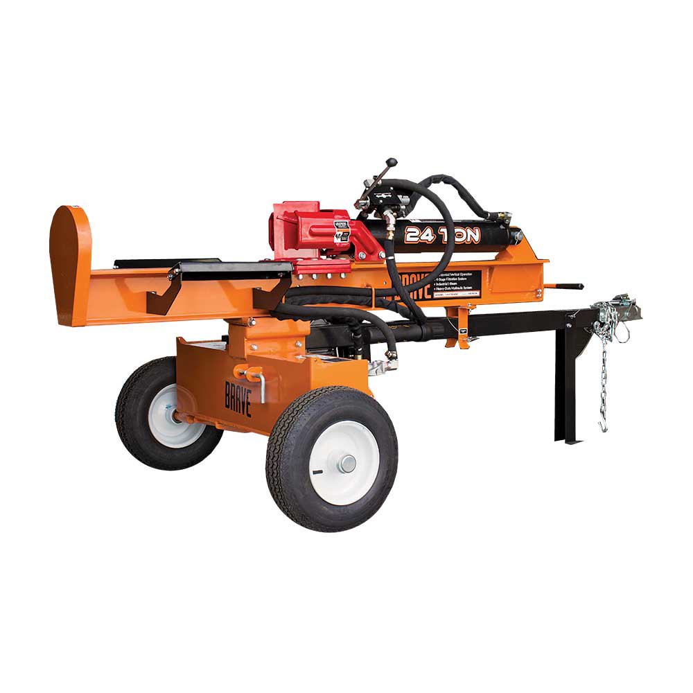 Side view of the Brave 24-Ton Log Splitter, showing the orange horizontal beam, a small red engine, and the tow bar for easy transport. The log splitter has a "24 TON" decal on its side.