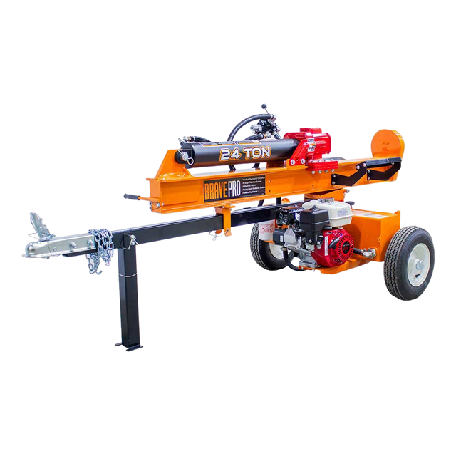 A Brave 24-ton log splitter against a transparent background, showing the complete machine from the side, focused on the main body and the Honda GX engine.