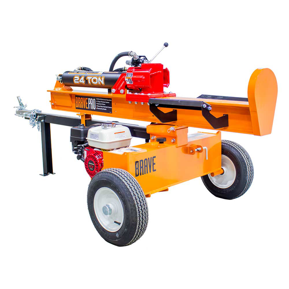 The Brave 24-ton log splitter from a three-quarter angle, with the engine clearly visible, emphasizing its well-balanced structure with large wheels on a white background.