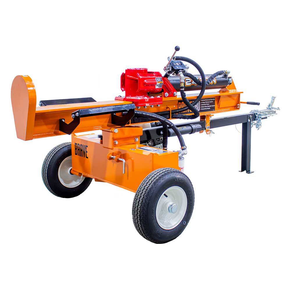 An overhead three-quarter view of the Brave 24-ton log splitter, showing the orange body, the red Honda GX engine, hydraulic lines, and the operational controls.