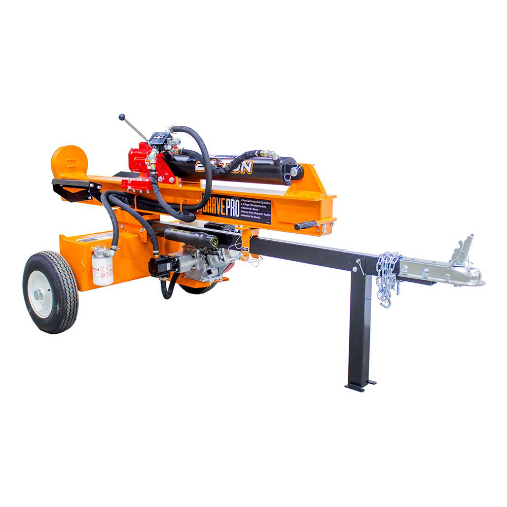 The Brave 24-ton log splitter with its tow bar extended, featuring a safety chain and hitch, emphasizing the portability and road-ready design.
