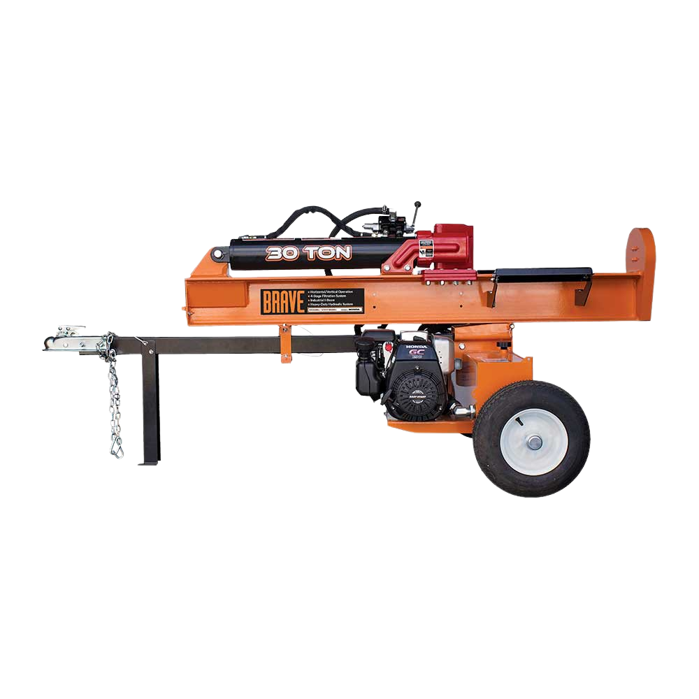A side view of the orange Brave 30-ton log splitter with its horizontal splitting beam, large wheels, and a white Honda GC engine, all against a transparent background.