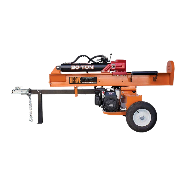 A side view of the orange Brave 30-ton log splitter with its horizontal splitting beam, large wheels, and a white Honda GC engine, all against a transparent background.