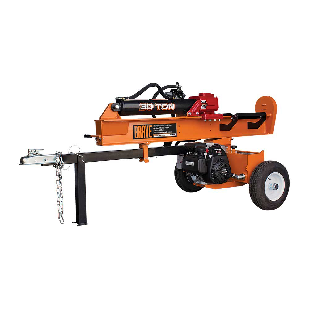 A side view of the orange Brave 30-ton log splitter with its beam in the horizontal position, showcasing the towable design with a jack stand and chain.