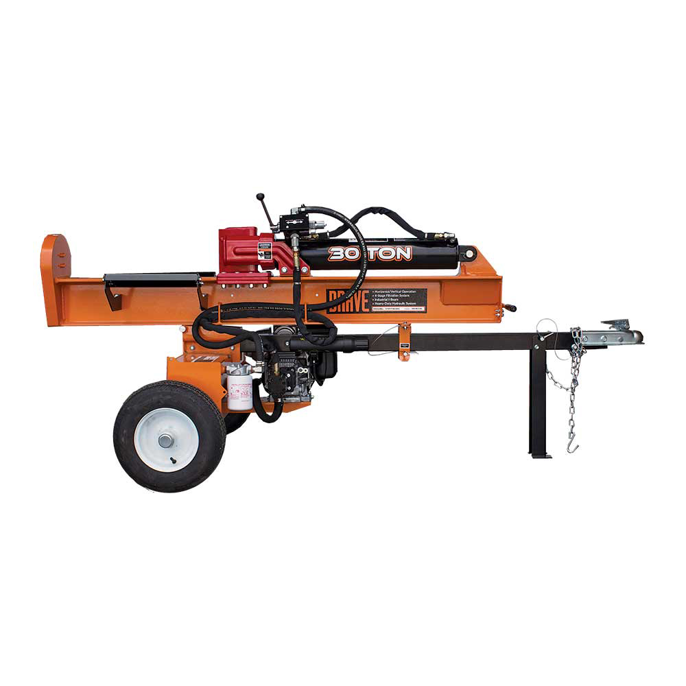 A side view of the Brave 30-ton log splitter with its beam in the horizontal position, highlighting the orange frame, red hydraulic cylinder, and the wheels.