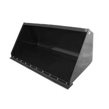 A small, low-angle studio shot of a black high-capacity fertilizer bucket with a flat back, suitable for Cat and John Deere loaders, on a white background.