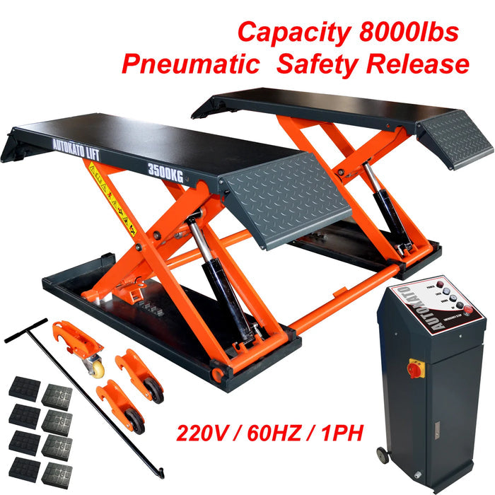 An orange and black X80-PNEUMATIC mid-rise scissor lift shown with included accessories. The image highlights a Capacity of 8000lbs and Pneumatic Safety Release, as well as a 220V / 60HZ / 1PH power specification.