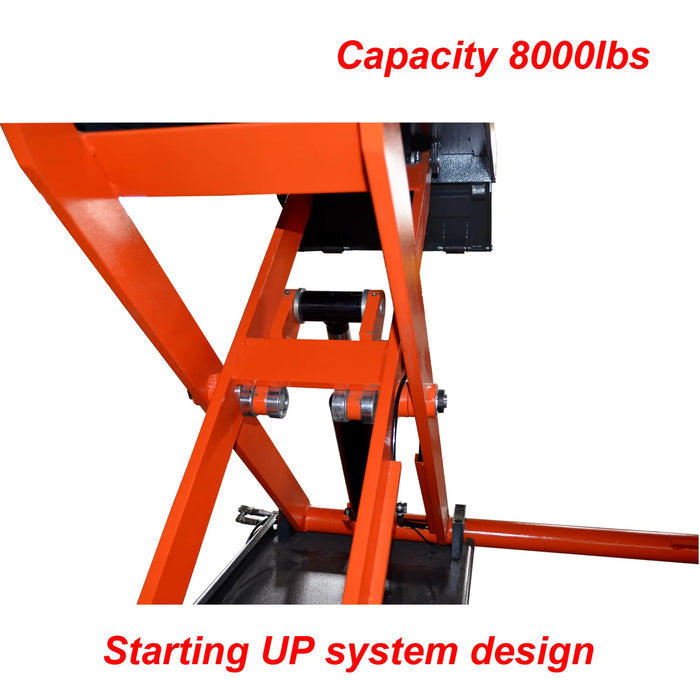 A close-up side view of the orange scissor mechanism on the X80-PNEUMATIC scissor lift as it begins to rise. The image includes text highlighting its Capacity of 8000lbs and "Starting UP system design."