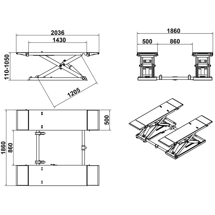 A technical drawing of the X80-PNEUMATIC scissor lift with key measurements. The diagram shows the Overall Length of 2036mm and Overall Width of 1860mm, along with Min. Height and Max. Lifting Height specifications.