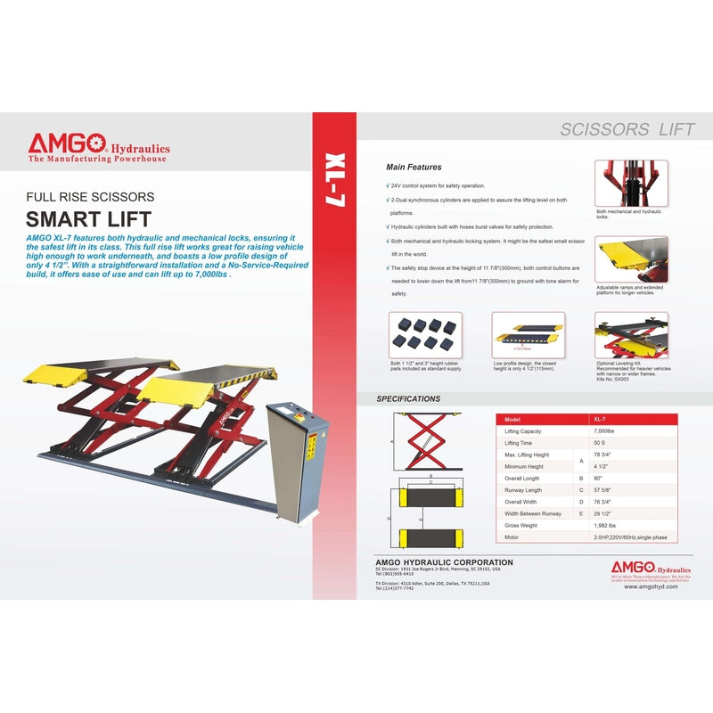 A brochure for the AMGO XL-7 Full-Rise Scissor Lift, featuring a detailed diagram, specifications, and a visual overview of the lift with its key components.