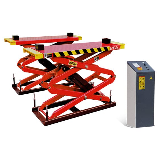An AMGO XL-9F Flush Mount Scissor Lift in red with black and yellow warning stripes, featuring its scissor-style lifting mechanism and a gray control panel, against a white background.
