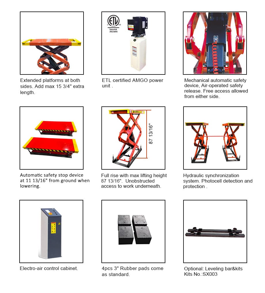 A collage of detailed images for the AMGO XL-9F Flush Mount Scissor Lift, featuring close-ups of its extended platforms, mechanical safety locks, automatic safety drop device, and the hydraulic synchronization system with safety protection.