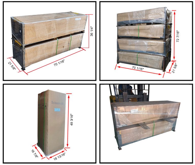 Four graphics of the AMGO XL-9F Flush Mount Scissor Lift's packaging, showing two wooden crates with detailed measurements in inches, ready for shipping.
