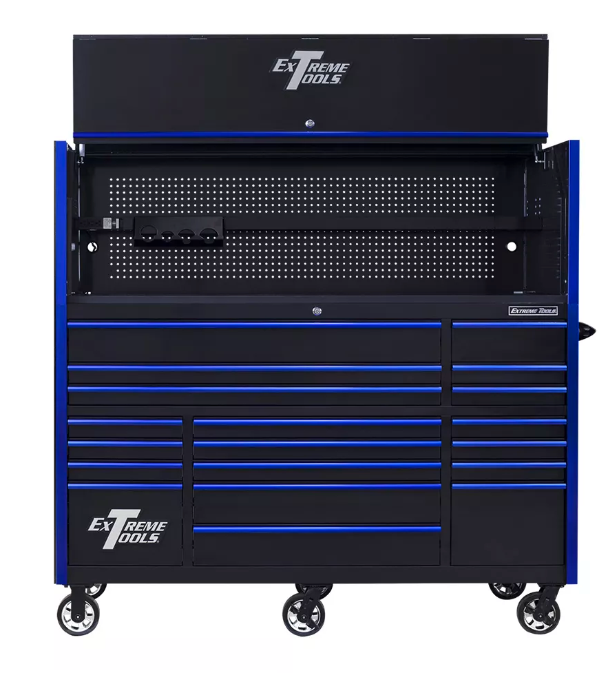 Extreme Tools RX Series 72"W x 30"D Professional Hutch & 19 Drawer Roller Cabinet w/ 250lbs Slides Combo