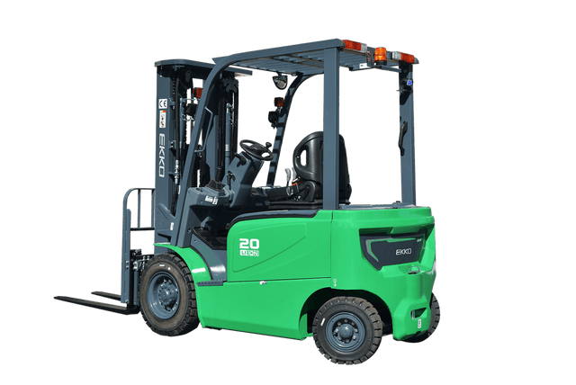 A green and grey EKKO EK20G-LI 4-Wheel Lithium Electric Forklift with a 4500 lbs lifting capacity, highlighting its mast and solid pneumatic tires.