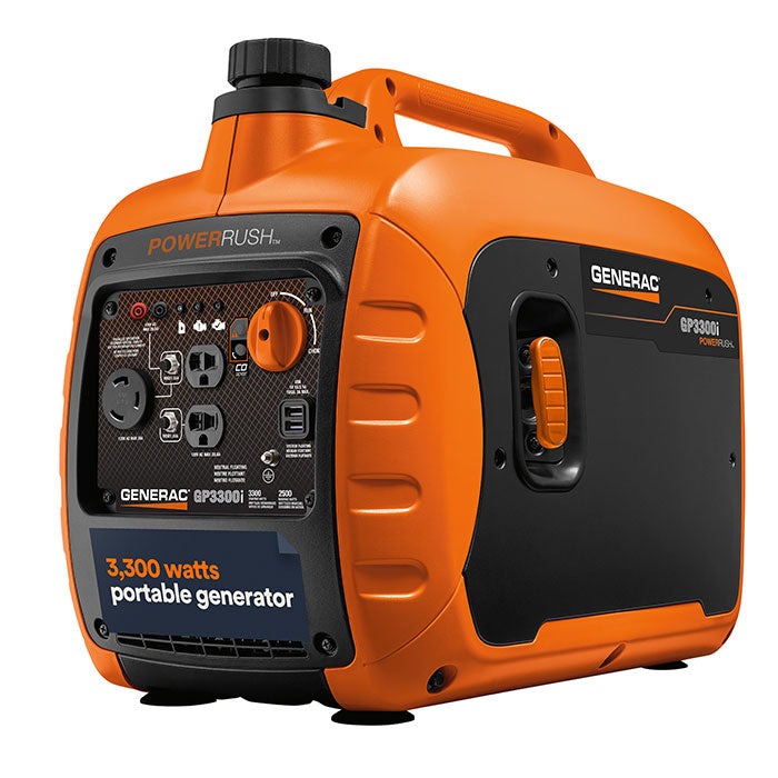 The Generac GP3300i portable inverter generator is shown at a slight angle, highlighting the side panels, carry handle, and a control panel with the PowerDial™ and various ports, all against a clean white background.
