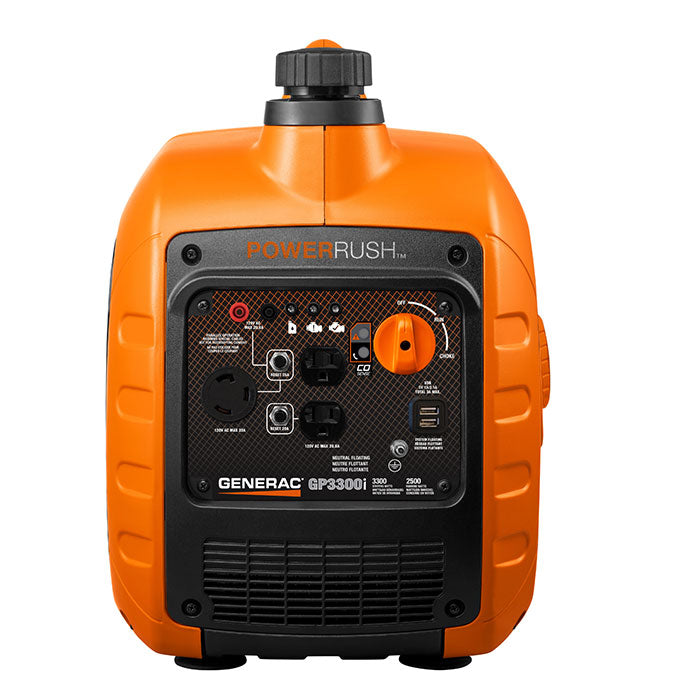 The top of the Generac GP3300i 3300W portable inverter generator is shown, with a view of the integrated handle and the silver gas cap, with the Generac logo and product name visible on the side panel.