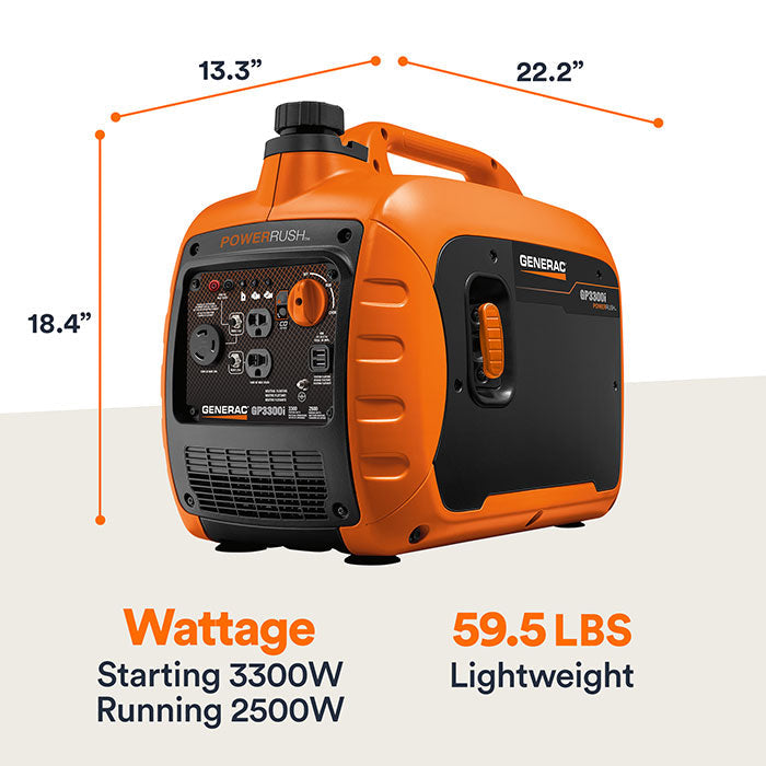 A side view of the Generac GP3300i portable inverter generator, highlighting its compact design with a prominent yellow stripe along the base, the integrated carry handle, and the company logo visible on the side.