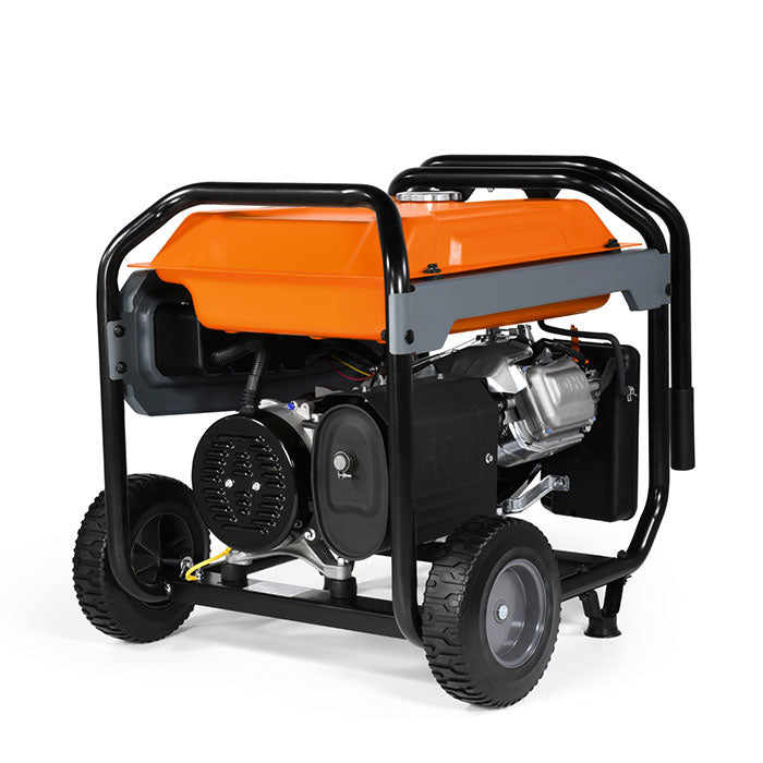 Back view of the orange and black Generac GP6500 Portable Generator - Model 7680, showing the large air filter and engine from behind.