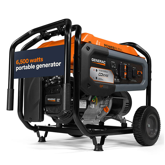 A front view of the Generac GP6500 Portable Generator - Model 7710 with an overlay text "6,500 watts portable generator" on a black banner.