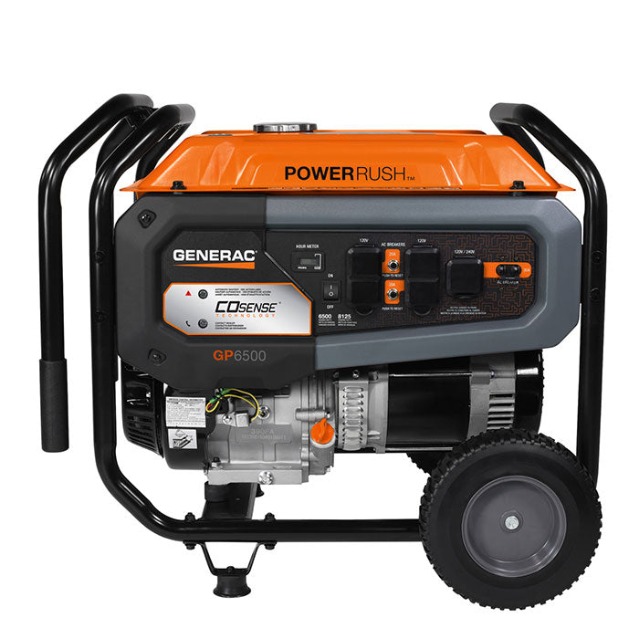 Side view of the Generac GP6500 Portable Generator - Model 7710, showing the control panel with "POWER RUSH" and "CO SENSE" logos, outlets, and the engine.