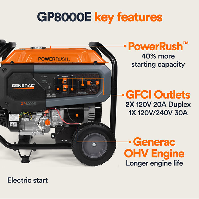 Generac Portable Generator, 8000W | Electric Start with COsense | 49ST/CSA