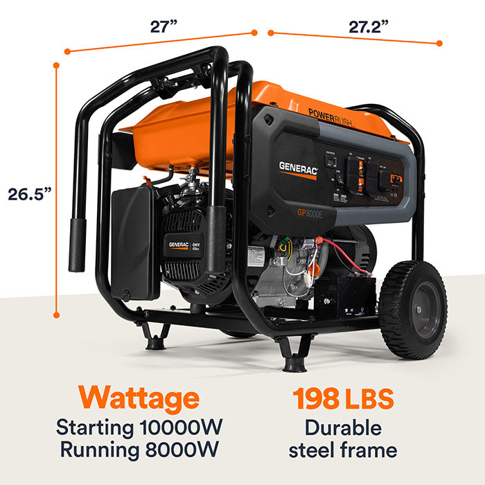 Generac Portable Generator, 8000W | Electric Start with COsense | 49ST/CSA