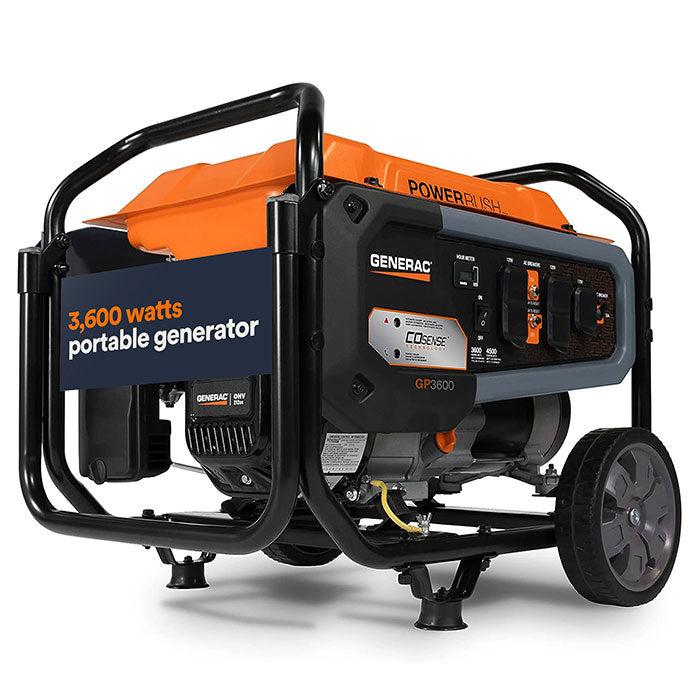 A front view of the Generac 3600W Portable Generator - Model 7721 with a "3,600 watts portable generator" headline on a dark blue overlay.