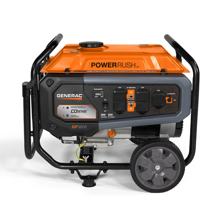 Side view of the Generac 3600W Portable Generator - Model 7721, showing the control panel with "POWER RUSH" and "CO SENSE" logos, and a single black wheel.