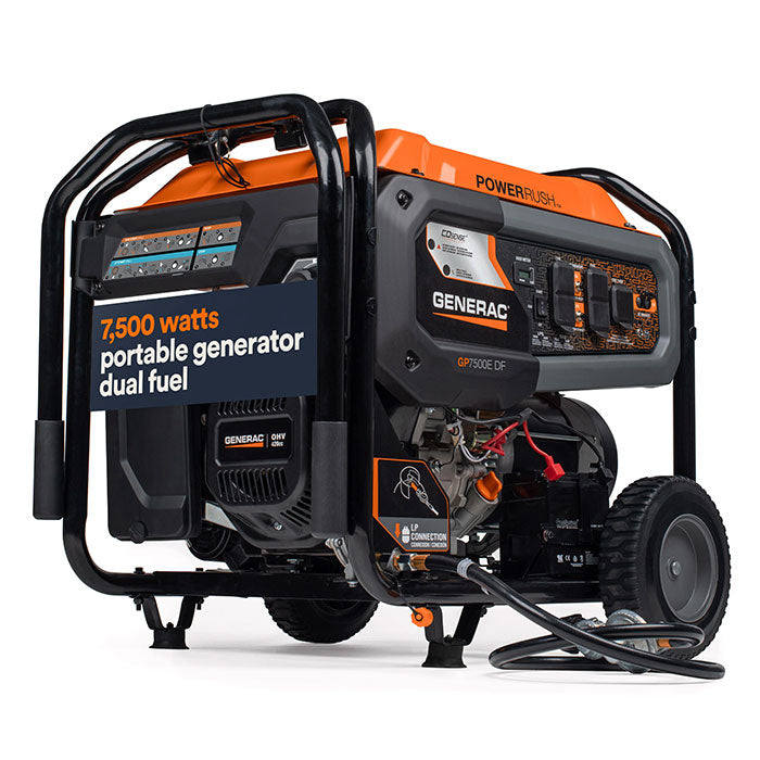 The Generac GP7500E Dual Fuel Portable Generator - Model 8071 is shown from a front angle, with an overlay that says "7,500 watts portable generator dual fuel."
