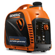 A three-quarter view of the Generac GP2500i 2200W portable inverter generator, highlighting the integrated carry handle and the words "2,500 watts portable generator" on the side of the unit.
