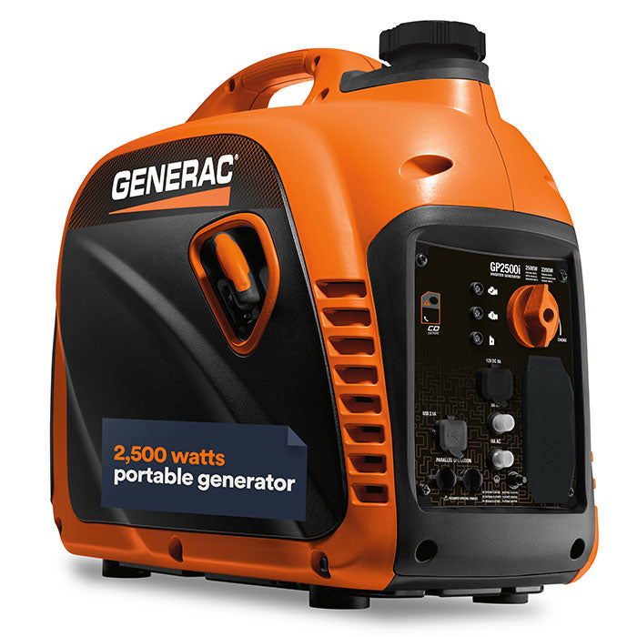 A three-quarter view of the Generac GP2500i 2200W portable inverter generator, highlighting the integrated carry handle and the words "2,500 watts portable generator" on the side of the unit.