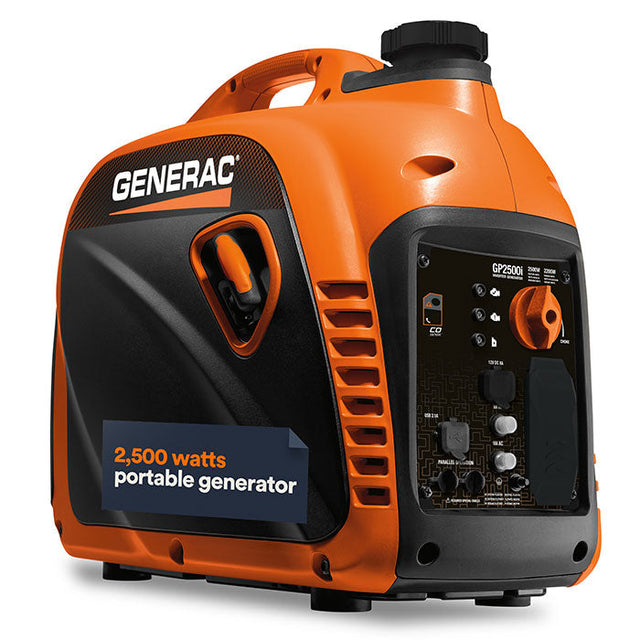 A three-quarter view of the Generac GP2500i 2200W portable inverter generator, highlighting the integrated carry handle and the words "2,500 watts portable generator" on the side of the unit.